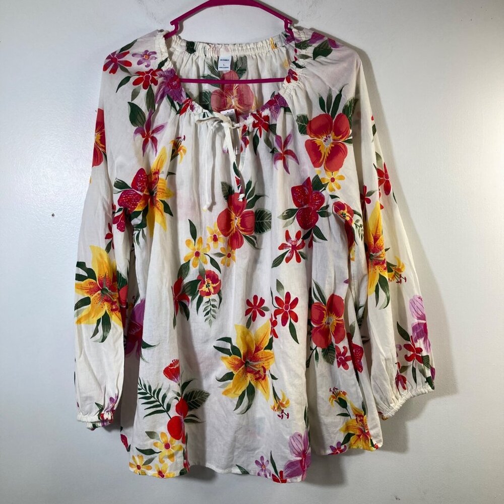 Womens Old Navy Floral Boho Tunic Top White Red Yellow‎ L NWT Cotton